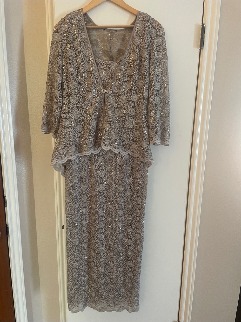 R&M Richards Gold Lace Sequined Two-Piece Long Sleeve Evening Dress